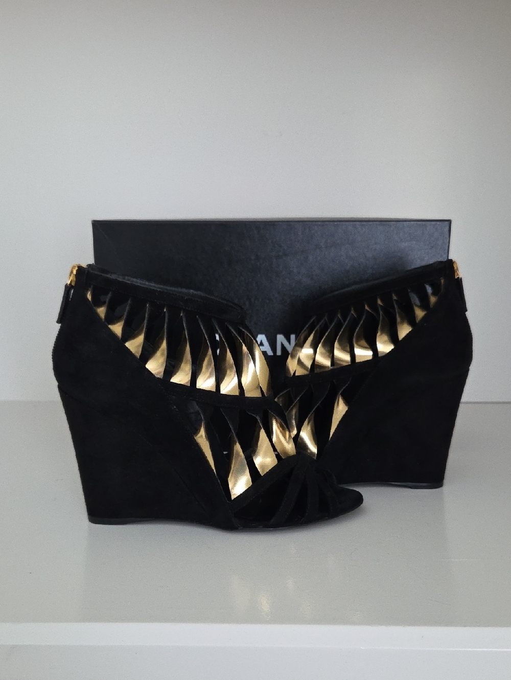 CHANEL Black Suede Wedge Sandals with Gold Metallic Cutout Interior